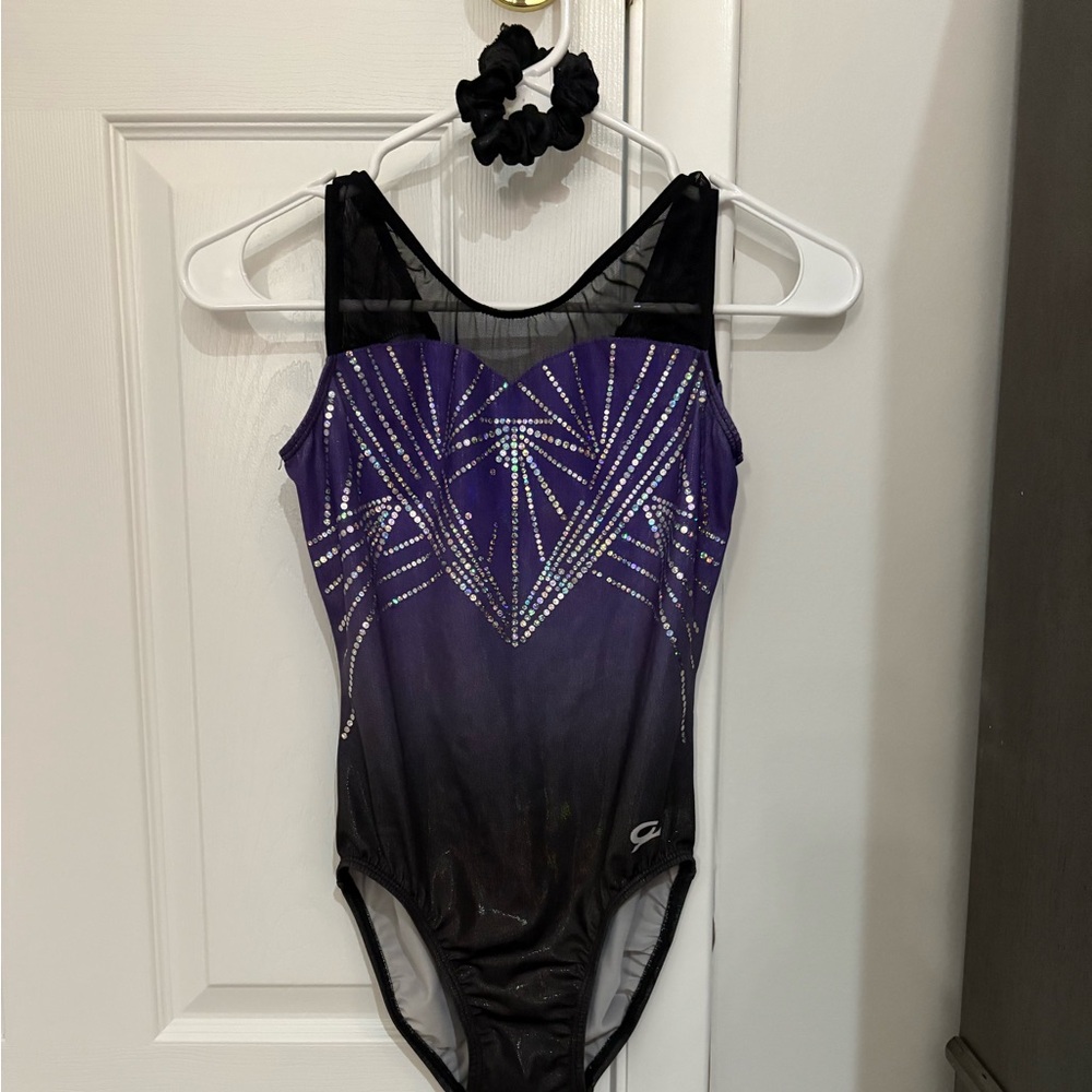 GK Purple and Black Evening Trapeze Leotard with Scrunchie (E3853)
